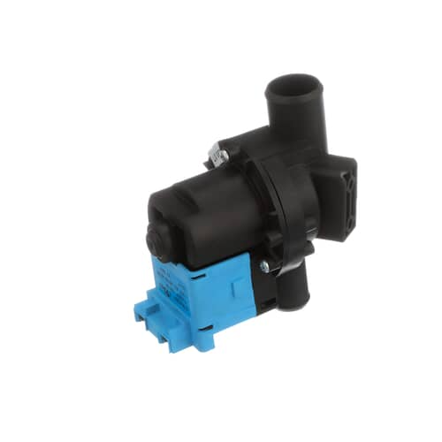 An angled view of the Whirlpool WP8182415 washer drain pump, showing the black pump housing and the blue electrical motor housing.