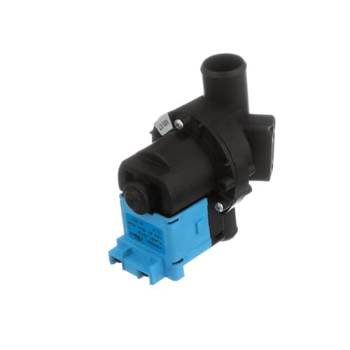 A top-angled perspective of the Whirlpool WP8182415 washer drain pump, highlighting the drain outlet port.