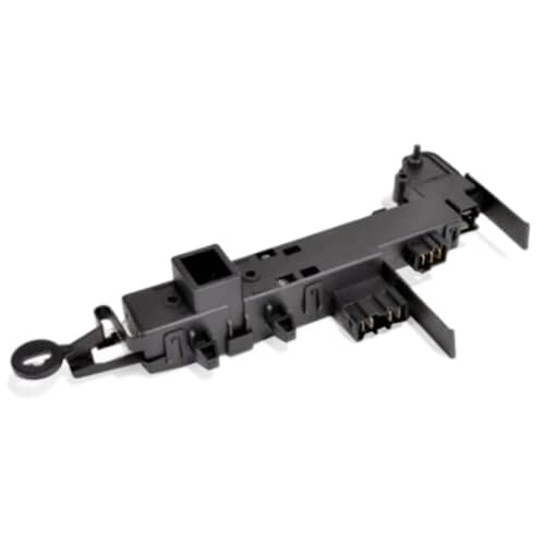 A side profile of the Whirlpool WP8182634 door lock assembly, highlighting the electrical connection points and the latch mechanism.