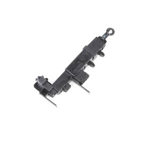 A top-down profile view of the Whirlpool WP8182634 washer door lock latch assembly, showing its full length from the mounting points to the latch.