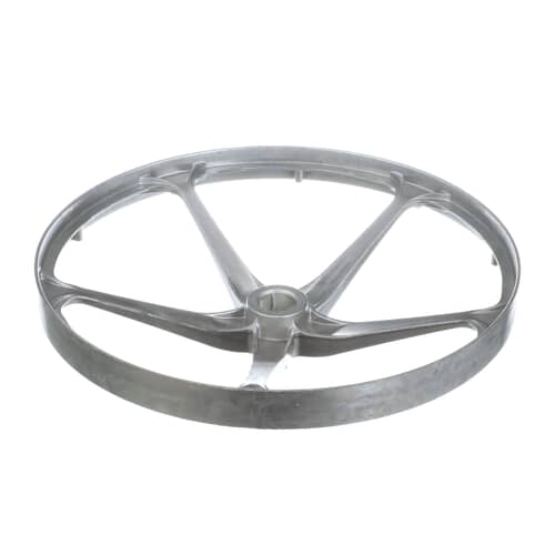 An angled perspective of the silver Whirlpool WP8182650 washer drive pulley, highlighting the five spokes and the central hub for the drum shaft.