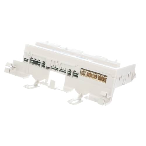 A front view of the Whirlpool WP8182695 washer control board, showing the white plastic housing and the various electrical connection ports.