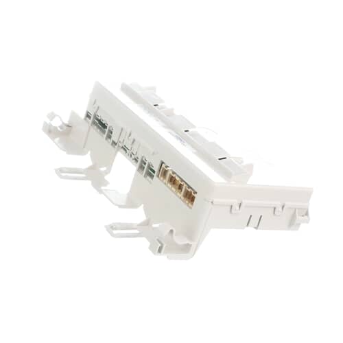 An angled side view of the Whirlpool WP8182695 control board, highlighting the mounting clips and the different sets of connectors.