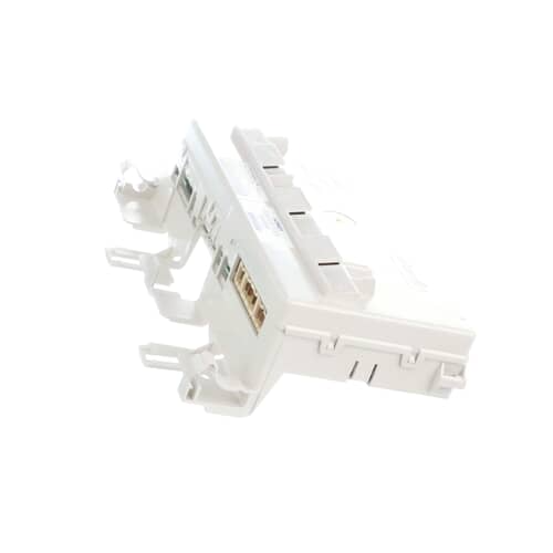 A top-angled perspective of the Whirlpool WP8182695 control board, providing a clear look at the layout of the wiring harness ports.