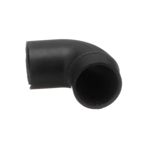 An angled perspective of the Whirlpool WP8182767 hose elbow, highlighting its smooth rubber texture.