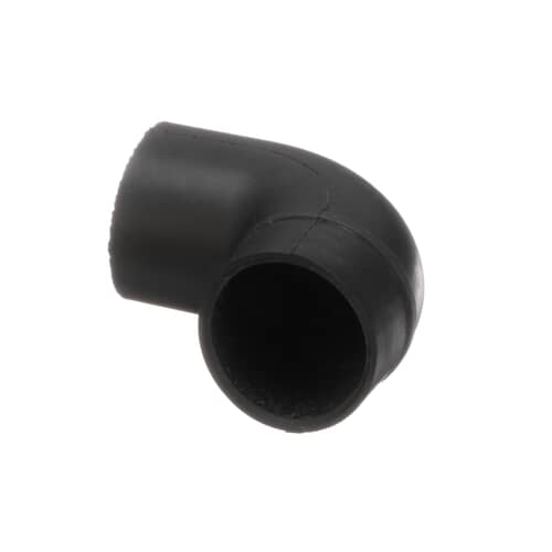 A front view of the black rubber Whirlpool WP8182767 pressure switch hose elbow, showing its 90-degree bend.