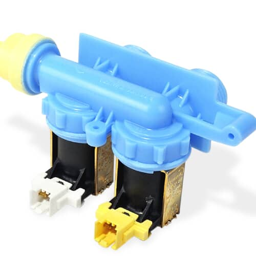 A close-up of the Whirlpool WP8182862 water inlet valve, showing the yellow and white electrical connectors on the solenoids.