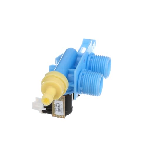 A top-angled perspective of the Whirlpool WP8182862 water inlet valve, highlighting the threaded inlets and the outlet nozzle.