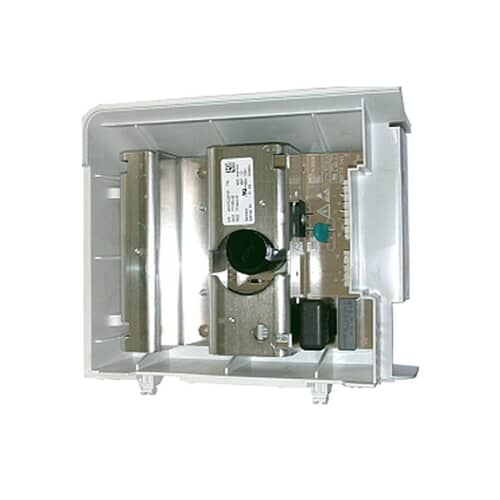 A top-down view of the Whirlpool WP8183196 washer central control unit, showing the circuit board and metal components inside the white plastic housing.