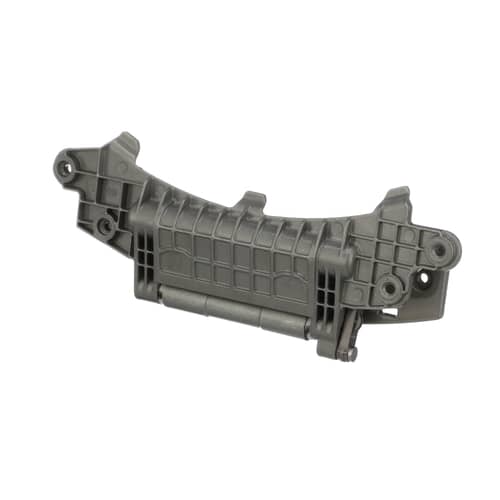 An angled perspective of the complete Whirlpool WP8183202 door hinge assembly, showing the mounting points for both the washer body and the door.