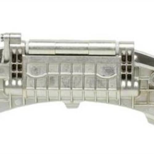 A close-up view of the metal Whirlpool WP8183202 washer door hinge, focusing on the main hinge pin and the reinforced grid structure.