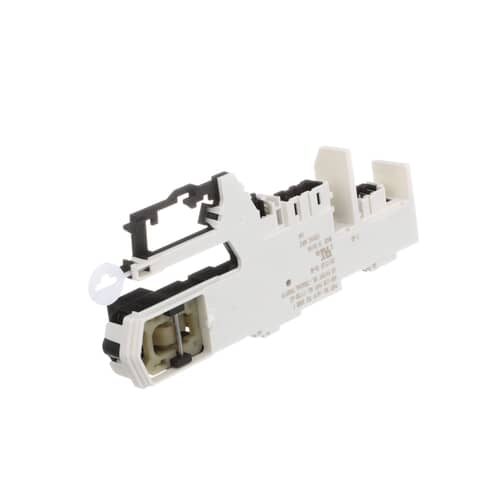 An angled perspective of the white Whirlpool WP8183270 washer door lock assembly, showing the latch mechanism and electrical connection points.