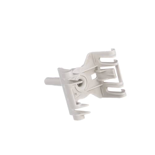 An angled perspective of the Whirlpool WP8268321 spray arm mount, highlighting the clips that attach it to the dishrack.