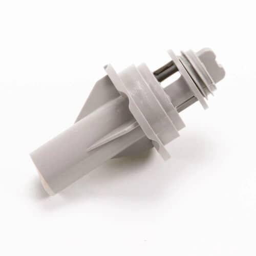 A side profile of the gray Whirlpool WP8268342 lower spray arm support, showing the long water delivery tube and the mounting flanges.