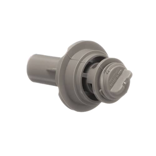 A top-angled view of the Whirlpool WP8268342 lower spray arm support, providing a clear look at the locking tabs and the water port.