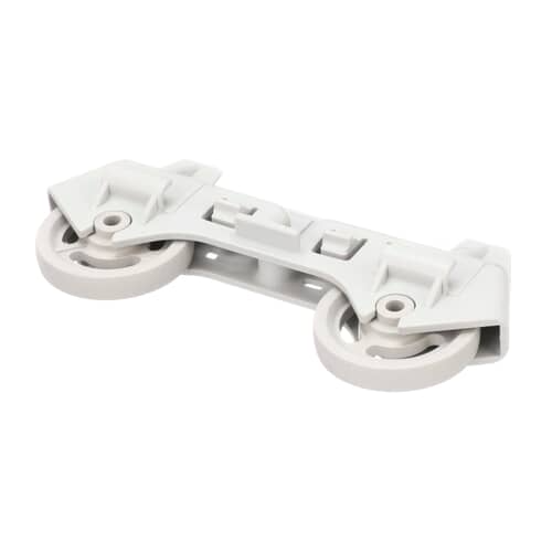 An angled perspective of the Whirlpool WP8268645 dishrack wheel assembly, highlighting its plastic construction and the dual rollers.