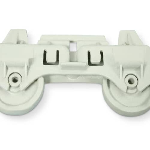 A side view of the gray Whirlpool WP8268645 dishrack wheel assembly, showing the two wheels and the central mounting clips.