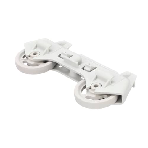 A top-angled view of the Whirlpool WP8268645 wheel assembly, showing the clips that attach it to the dishrack.