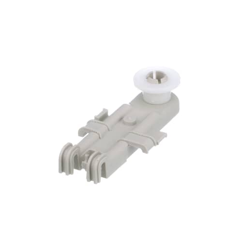 A side profile of the Whirlpool WP8268655 dishrack roller assembly, highlighting the mounting clips that attach to the rack.