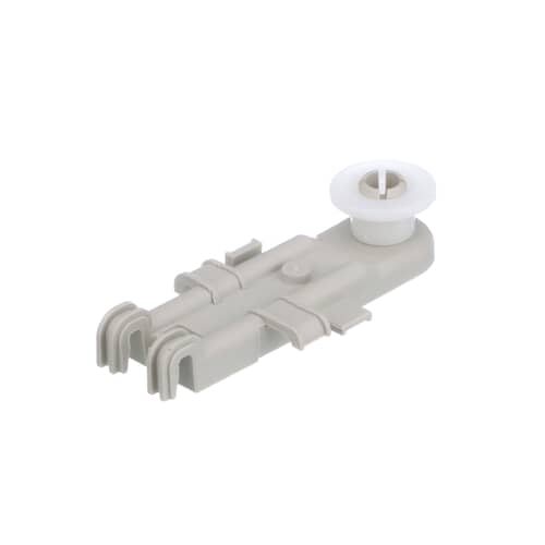 A top-angled perspective of the Whirlpool WP8268655 roller assembly, providing a clear view of the white roller and gray clip body.