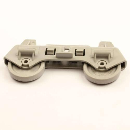 A side view of the Whirlpool WP8268713 dishrack wheel assembly, highlighting the two wheels and the central mounting clips.