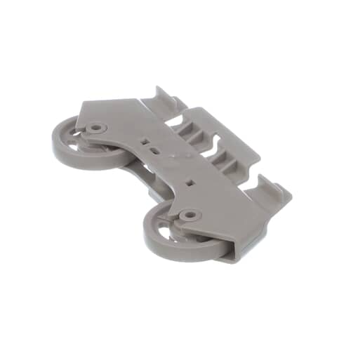 A top-angled view of the Whirlpool WP8268713 wheel assembly, showing the clips that attach it to the dishrack.