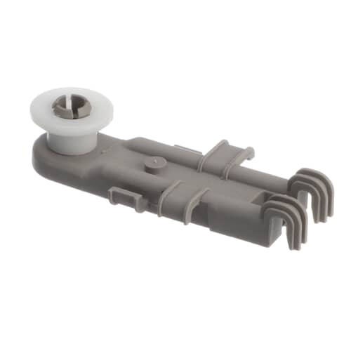 An angled perspective of the Whirlpool WP8268743 dishrack roller, highlighting the white wheel and the gray clip-on body.