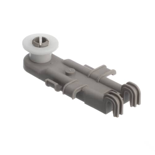 A top-angled view of the Whirlpool WP8268743 roller assembly, showing the complete part with its wheel and attachment clips.