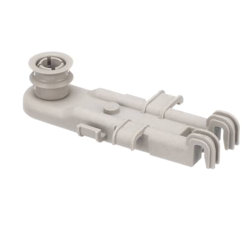 An angled perspective of the Whirlpool WP8268785 dishrack roller mount, highlighting the stationary roller and the clip-on body