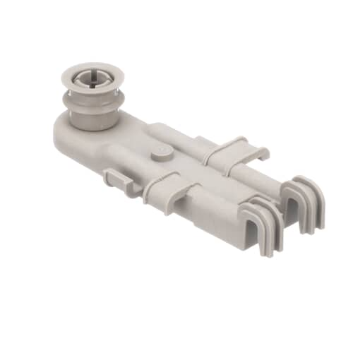 A side-angled view of the Whirlpool WP8268785 roller mount, showing the complete assembly with its wheel and attachment clips.