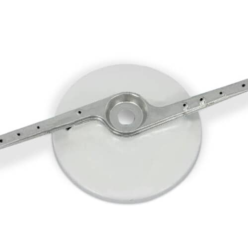 An angled perspective of the complete Whirlpool WP8268874 lower spray arm assembly, highlighting its full length and filter screen.