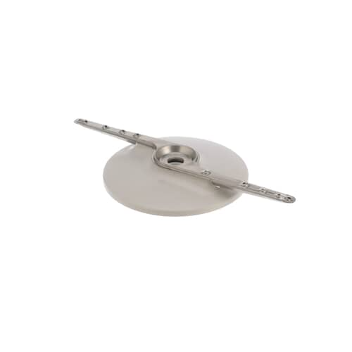 A side profile of the Whirlpool WP8268874 lower spray arm, showing its two rotating arms and the round filter base.