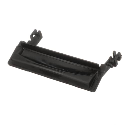 An angled perspective of the Whirlpool WP8269117 door latch handle, highlighting its plastic construction and mounting clips.
