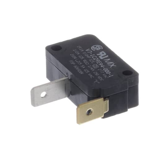 A view of the Whirlpool WP8269209 door interlock switch, highlighting the white actuator button and the electrical ratings printed on the body.