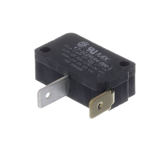 An angled perspective of the black Whirlpool WP8269209 door interlock switch, showing the two electrical spade terminals.
