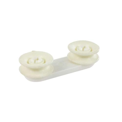 An angled view of the white plastic Whirlpool WP8270016 dishwasher tub wheel assembly, showing the two roller wheels on a single mounting bracket.