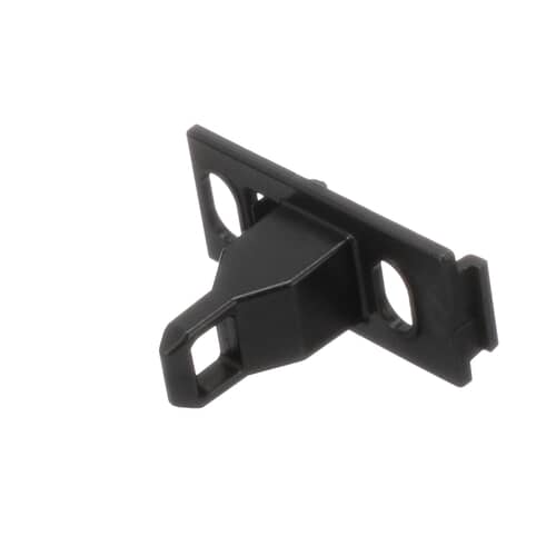 An angled side profile of the black plastic Whirlpool WP8318084 washer lid strike, showing the catch mechanism and the flat mounting plate