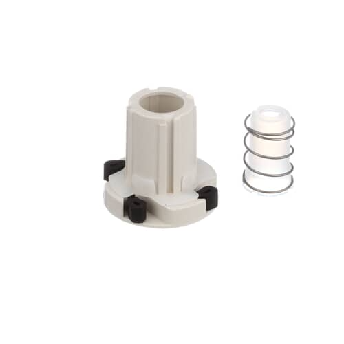 The Whirlpool WP8537433 agitator repair kit, showing the white plastic cam with black agitator dogs next to the separate metal spring and retainer