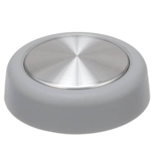 An angled perspective of the grey Whirlpool WP8538949 washer control knob, showing its smooth, rounded side and metallic top