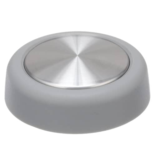 A top-down view of the Whirlpool WP8538949 washer control knob, highlighting the circular brushed metal finish on its surface