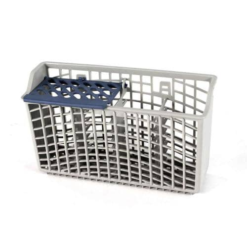 The Whirlpool WP8539107 dishwasher silverware basket, shown in grey with a blue lidded compartment on the left side to hold small items