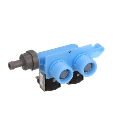An angled view of the blue Whirlpool WP8540751 washer water inlet valve, showing the dual hot and cold threaded inlets and the outlet nozzle