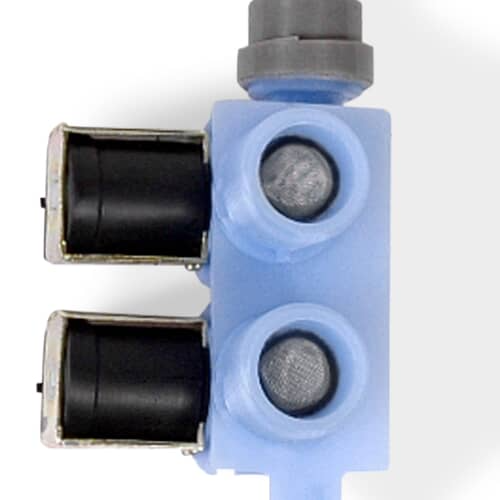 A close-up, top-down view of the Whirlpool WP8540751 water inlet valve, showing the two filter screens inside the threaded hot and cold water inlets.