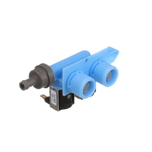 A side profile of the Whirlpool WP8540751 water inlet valve, highlighting the solenoids and the water outlet.