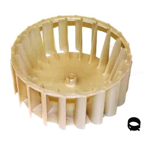 The white plastic blower wheel resting on a white grid background, showing the central hub for motor attachment.