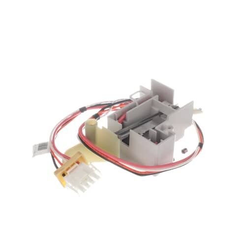 Side angle of the Whirlpool 12001514 Switch Assembly with Fuse highlighting wire harness and fuse mount.