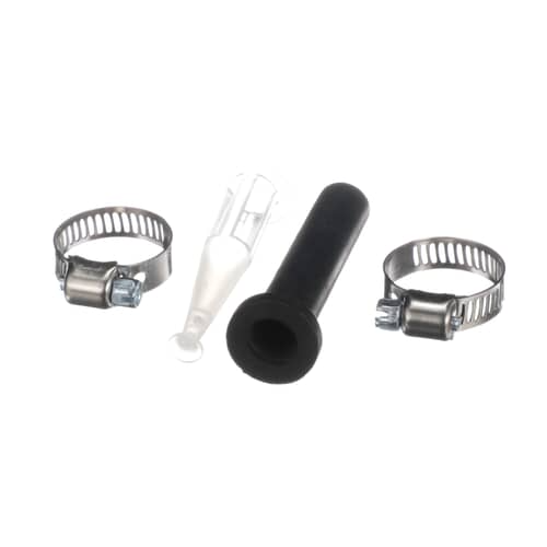 Front view of Whirlpool 12001677 washer injector tube kit showing rubber tube and metal clamps.