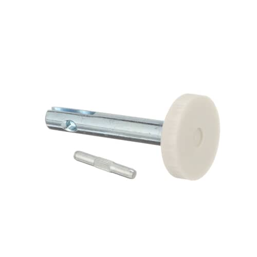 Side view of Whirlpool 285244 rear leveling leg assembly showing metal shaft and white foot.