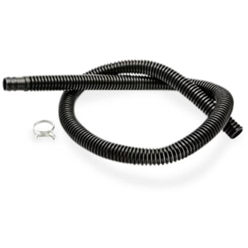 Complete view of Whirlpool 285863 Washer Drain Hose Extension Kit showing flexible black hose and clamp.