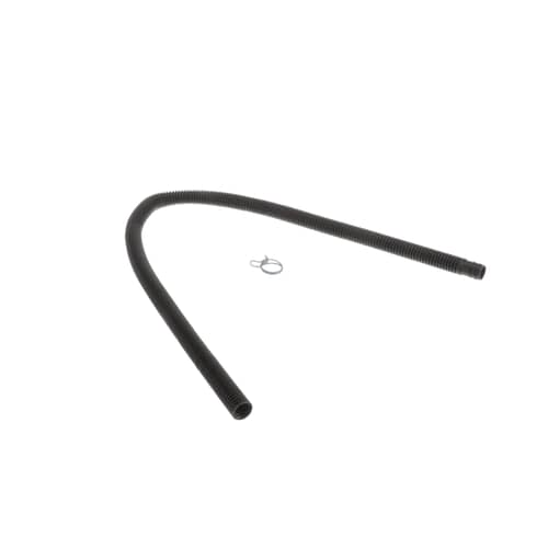 Top view of Whirlpool 285863 Washer Drain Hose Extension Kit arranged with included metal clamp.